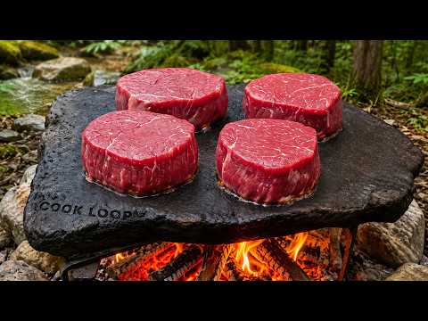 Hot Stone Filet Mignon in the Wild Wilderness Cooking ASMR
