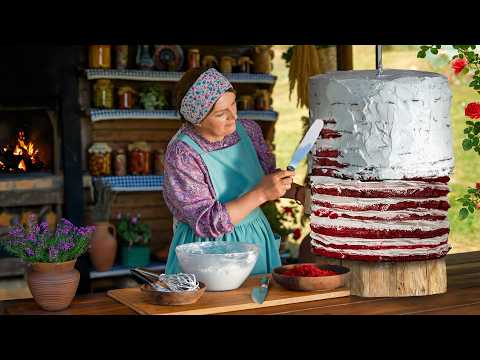 The Biggest Moist Red Velvet Cake on a Spit - When One Bite