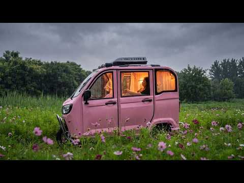 Cozy Rain Sounds in a Tricycle Beside a Flower Field, Asmr