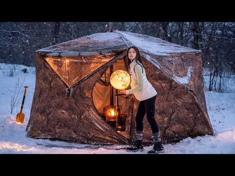 Camping in Snow with My Cats Relaxing in the Hot Tent