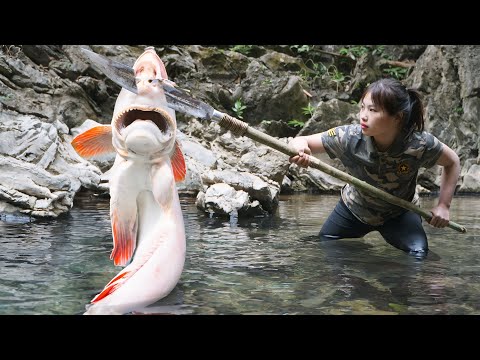 Catching stream fish with a knife, trap making skills,