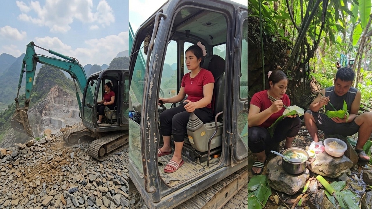 The excavator was working in the forest, and the girl and