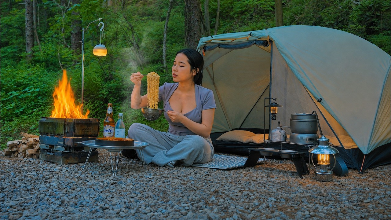 Camping alone in the forest on a gloomy day