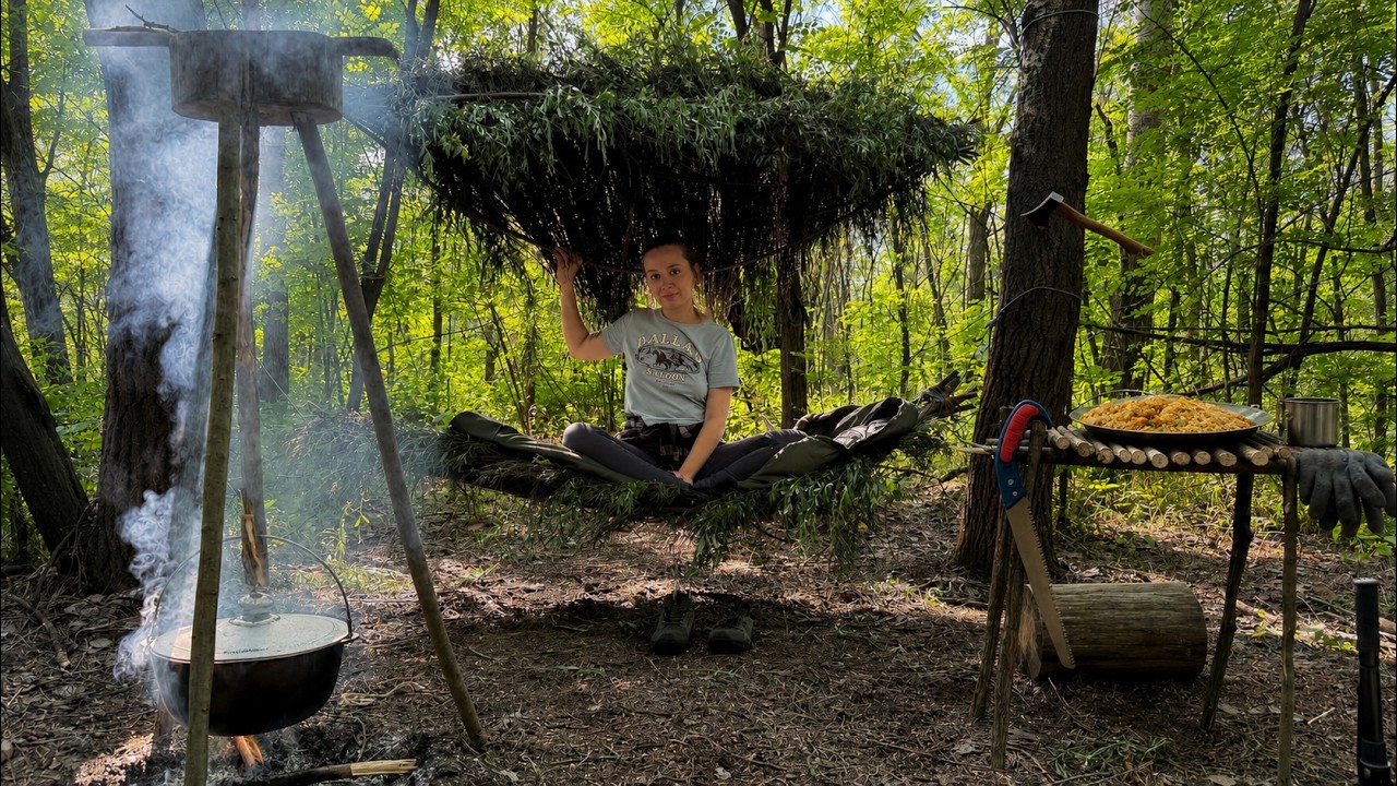 Alone in the Woods Cozy Bushcraft Shelter and Campfire