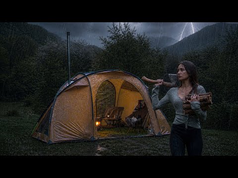 Camping in Heavy Rain Cozy Tent Night with My Cats