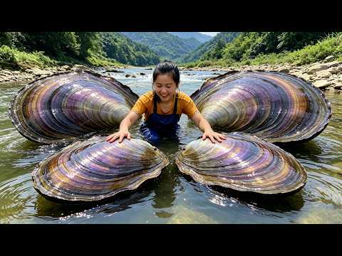 The girl was sandwiched between four huge river clams and