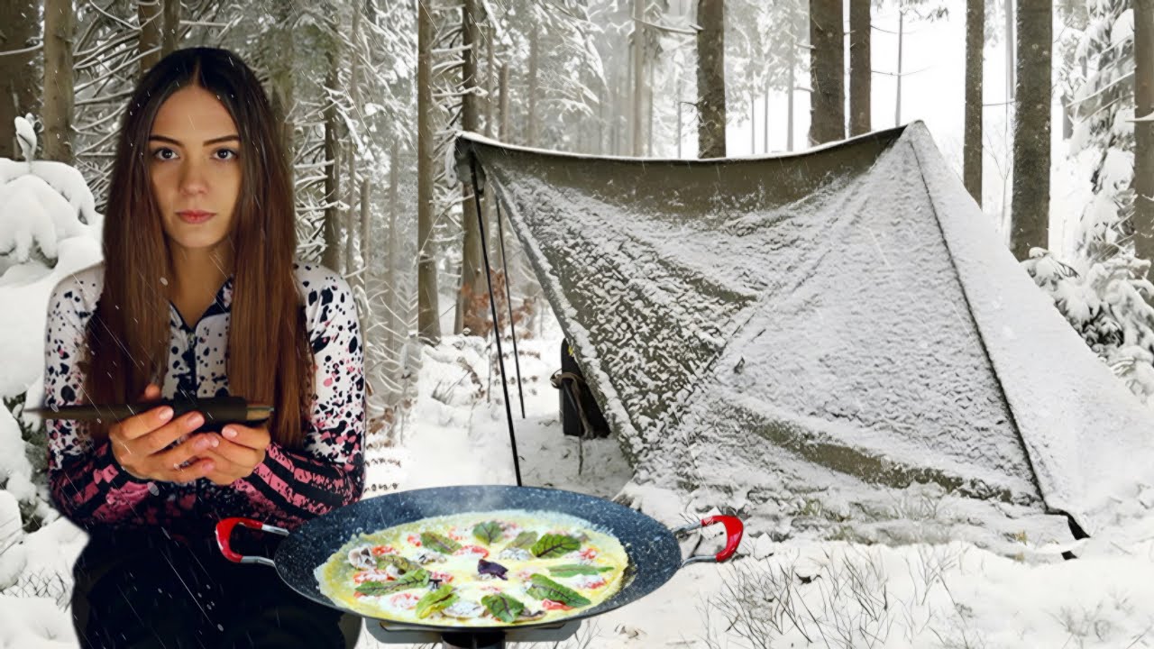 Camping in the RAIN & SNOW in Canvas HOT tent alone