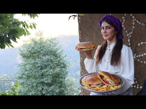 Grandma cooks a big hamburger in the village! Homemade fast