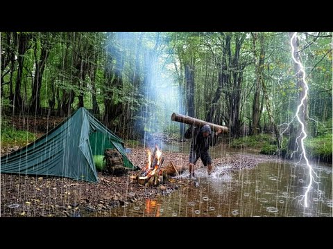 Camping in Thunderstorm and Heavy Rain Survival by the