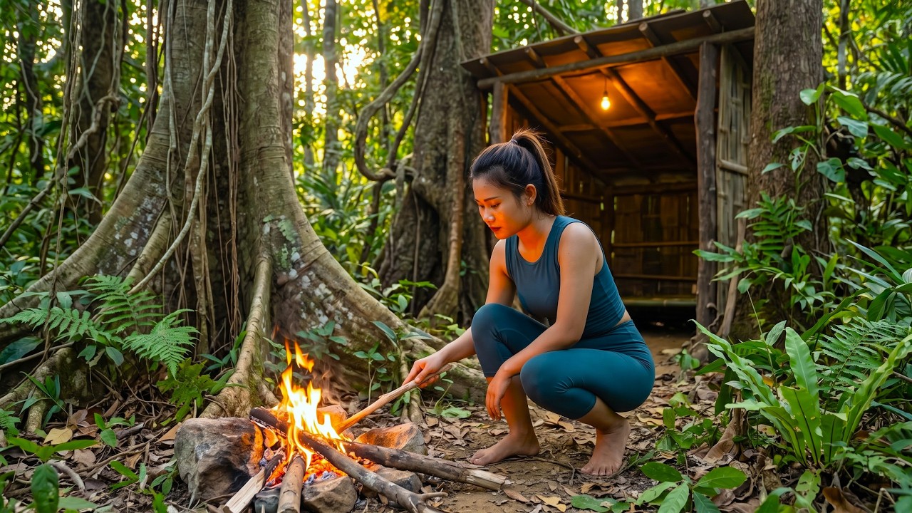 Building a Warm Secret Shelter Inside a Giant Hollow Tree