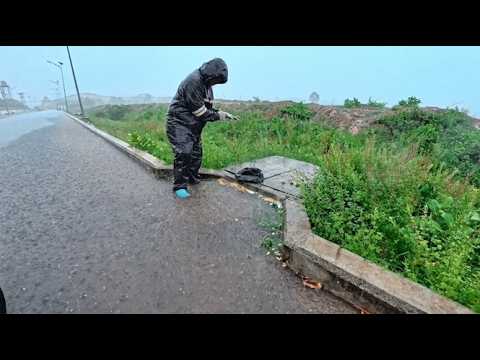 Collecting debris grass and plastic that clogs drains on