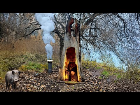 Building a Warm Secret Survival Shelter Inside a Giant Tree