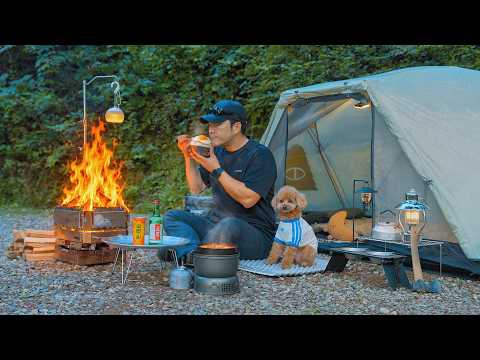 Camping in Forest with My Dog Korean Kimchi Jjigae Wood