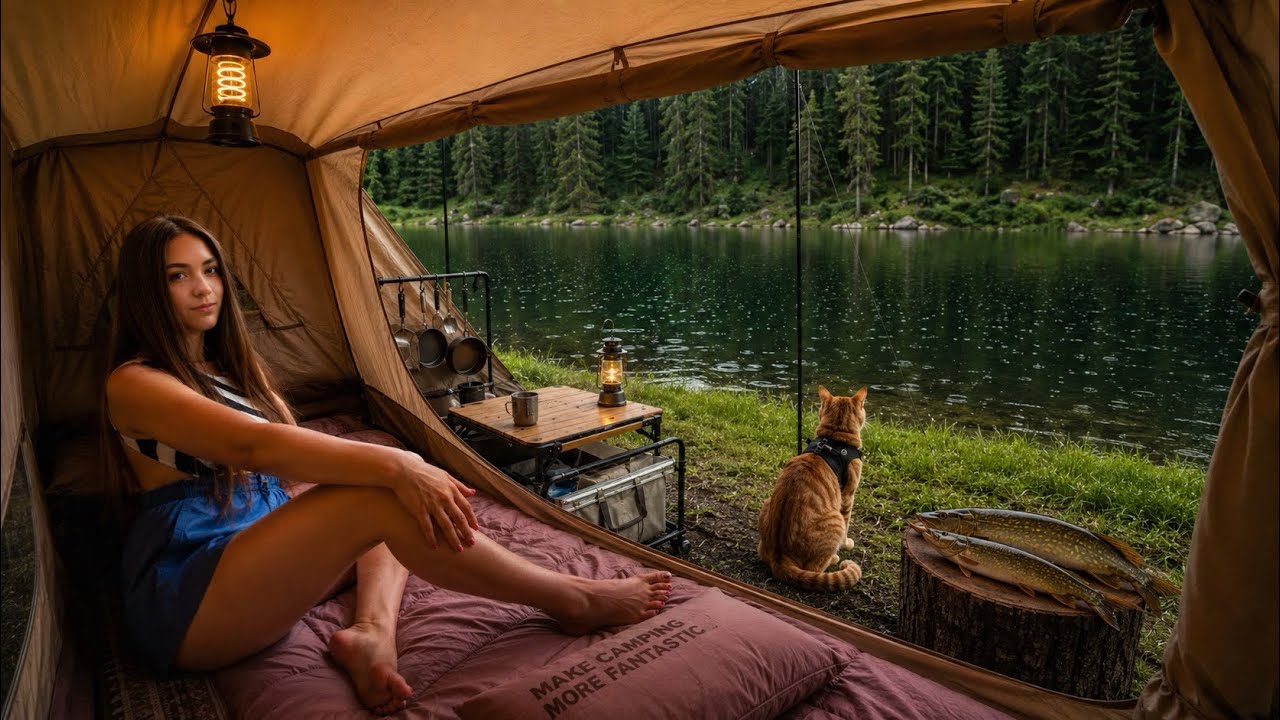 SOLO Camping in HEAVY RAIN at Remote Lake
