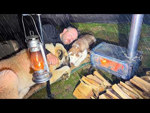 Hot Tent Rain Camping in Heavy Rain All Day - Caught in