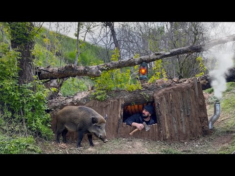 Building a Warm Bushcraft Shelter Under a Fallen Tree –