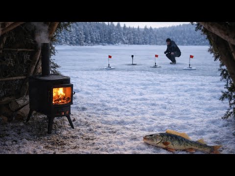 bushcraft in harsh winter fishing solo cooking by the lake