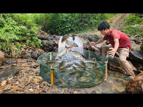 The young man caught a lot of fish in the trap and took