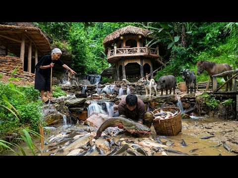 Helping an Elderly Woman Catch Fish in the Countryside