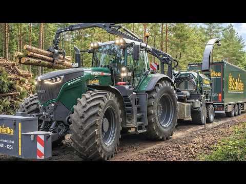 Fichtenkronen hacken für Forstschutz - Traktor Fendt 1050 &