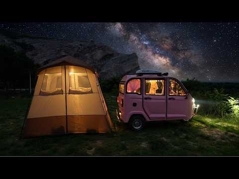 A Stormy Mountain Camping Day in My Pink Tiny Tricycle Car