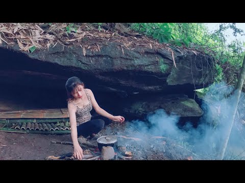 Create safe cave shelter,survival hunting cooking-