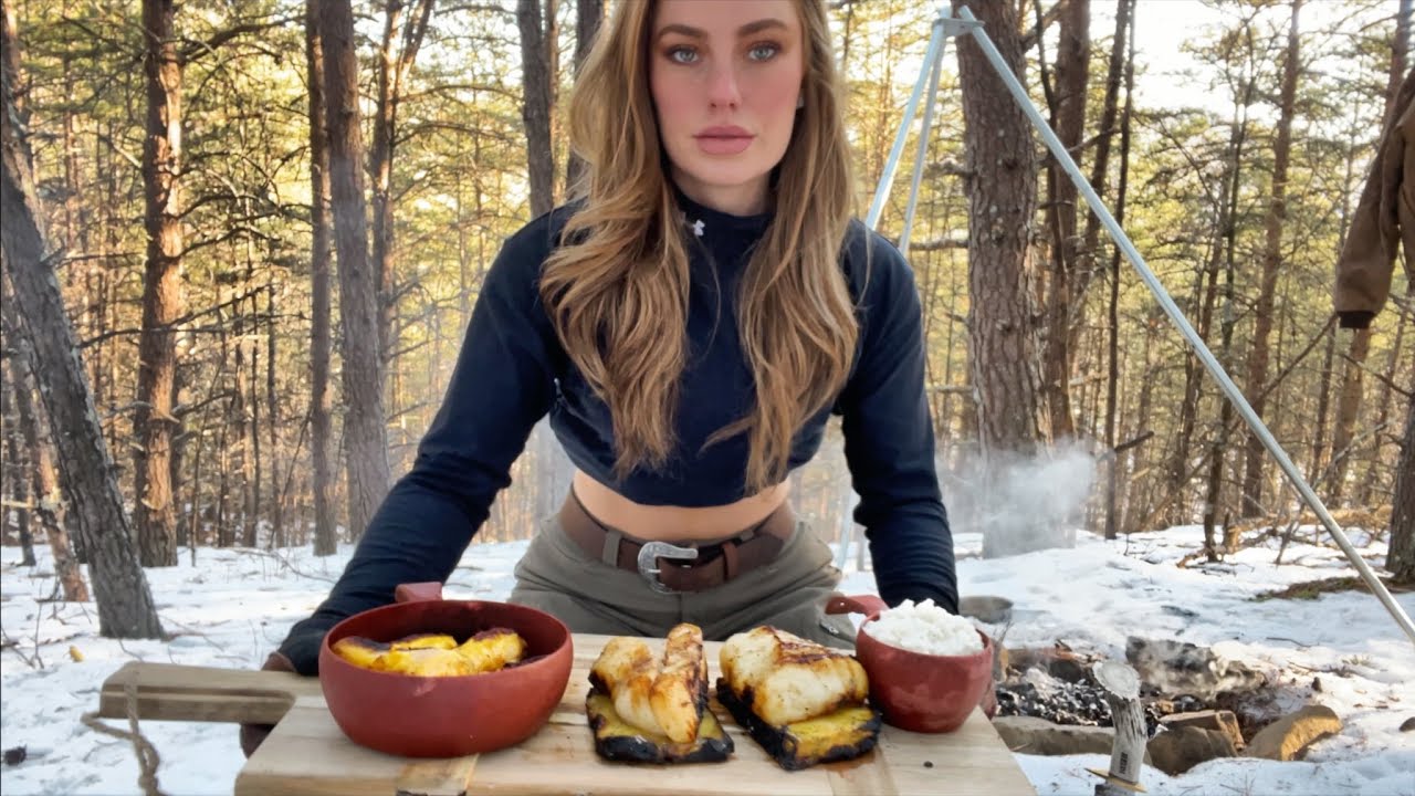 Crispy Pineapple Fish cooked on campfire in Snow solo