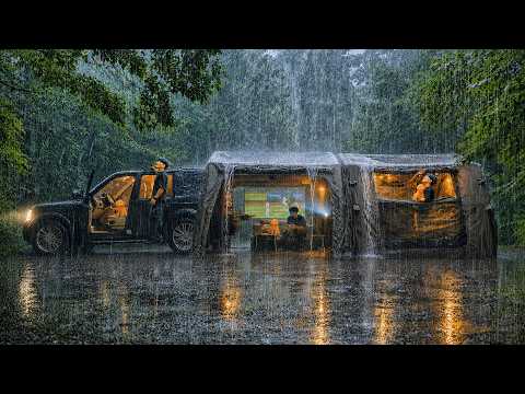 Heavy Rain Camping in a 10M 3 Spaces Inflatable Tent with