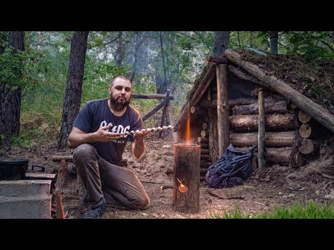 A man has been building a log cabin in the forest for a