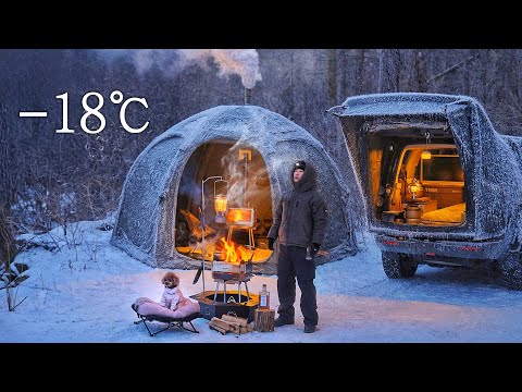 -18℃ Camping in Snow Field with My Dog Inflatable Hot