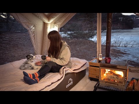 On a Snowy Lake, In a Cozy air tent, Relaxed Camping with