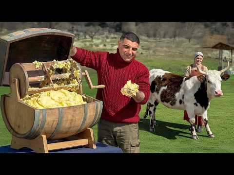 Making Village Butter in A Traditional Wooden Churn
