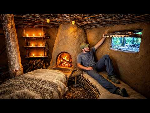 Building a Warm and Cozy forest House with a clay stove.
