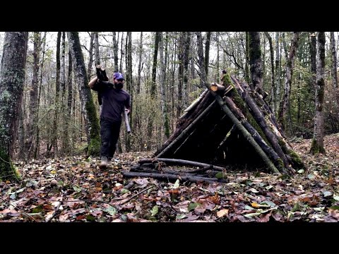 bushcraft winter camping in forest- survival skills:
