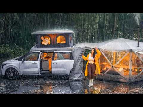 HEAVY RAIN CAMPING IN A CAMPER VAN DEEP IN THE FOREST