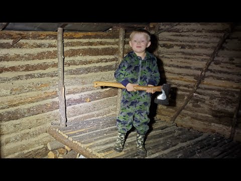 Primitive Shelter Camping - Bushcraft Log Cabin in Rain