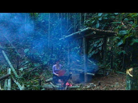 Build bamboo shelter, wild food - Survival alone, cooking