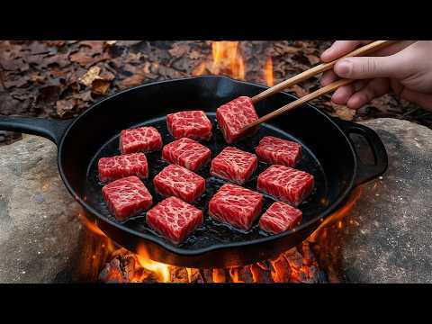 A5 Wagyu Steak in the Autumn Forest Pan-Seared Over Fire