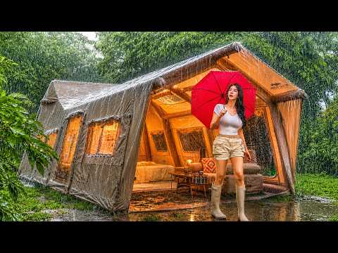CAMPING IN THE RAIN INSIDE A HUGE LUXURY AIR TENT