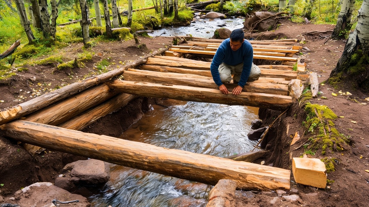 Man Builds DIY Log Cabin By The River In The Forest Start