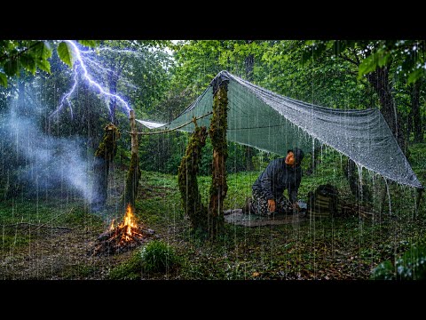 24 Hours Camping in the Rain Cozy Tarp Shelter in Rain &