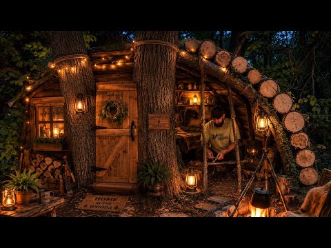 Building a bushcraft shelter from clay and logs, a forest