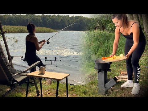 Girl Fishing Alone On Lake Fishing, Cooking, Relaxing