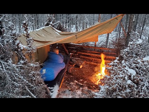 Winter Camping in Snow Storm with Survival Shelter &