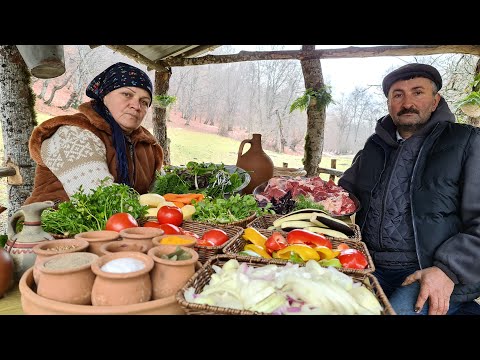 Village Style: Outdoor Kazan Cooking with Fresh Vegetables