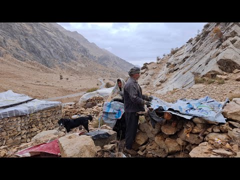 Iran nomadic life: building a shelter for a dog on a rainy