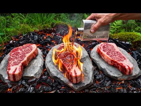 Primitive Cooking: Whiskey Steak on HOT STONES (ASMR)