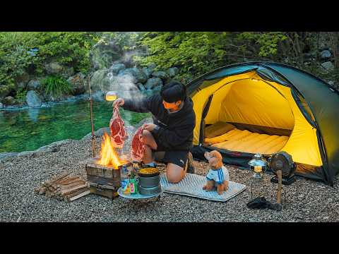 Camping in Forest with My Dog Roast Pork in the Wild