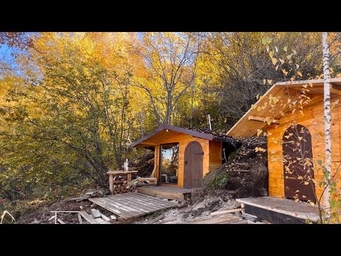 I am building a cozy wooden house in the mountains away