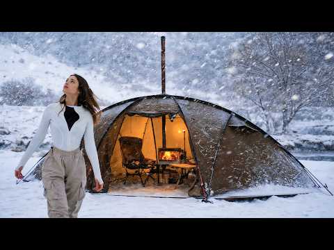 Hot Tent Camping in the Snow Cozy Winter ASMR